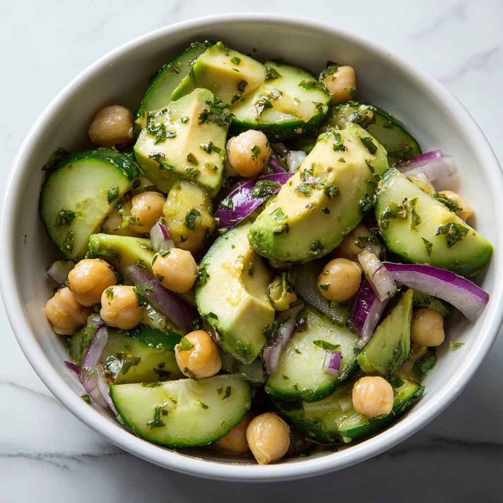 A close-up view of a fresh salad in a white bowl, showing layers of light green avocado chunks with smooth texture, round beige chickpeas, and cucumber slices with dark green skin and pale green inside, all mixed with small pieces of purple onion and bright green chopped herbs. The salad has a shiny, lightly oily coating, and the mix appears fresh and colorful on a white marbled surface. Photo taken with an iphone --ar 4:5 --v 7