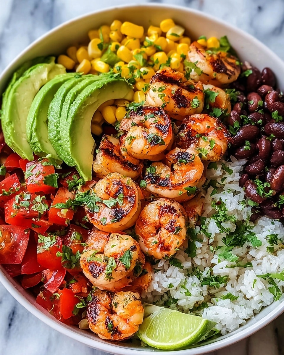 A white bowl filled with six distinct layers arranged side by side. At the bottom left, there are thick slices of green avocado with a smooth texture, topped with small pieces of green herbs. Next to the avocado is a portion of white rice with a slight shine. Above the rice, grilled shrimp with a pink and orange color and visible char marks are placed in the center, sprinkled with chopped green herbs. To the top left of the shrimp, there are dark brown kidney beans with a glossy surface. At the top right, yellow cooked corn kernels are tightly packed, and at the bottom right, chopped red tomatoes with a juicy appearance finish the arrangement. The bowl rests on a white marbled surface. Photo taken with an iphone --ar 4:5 --v 7