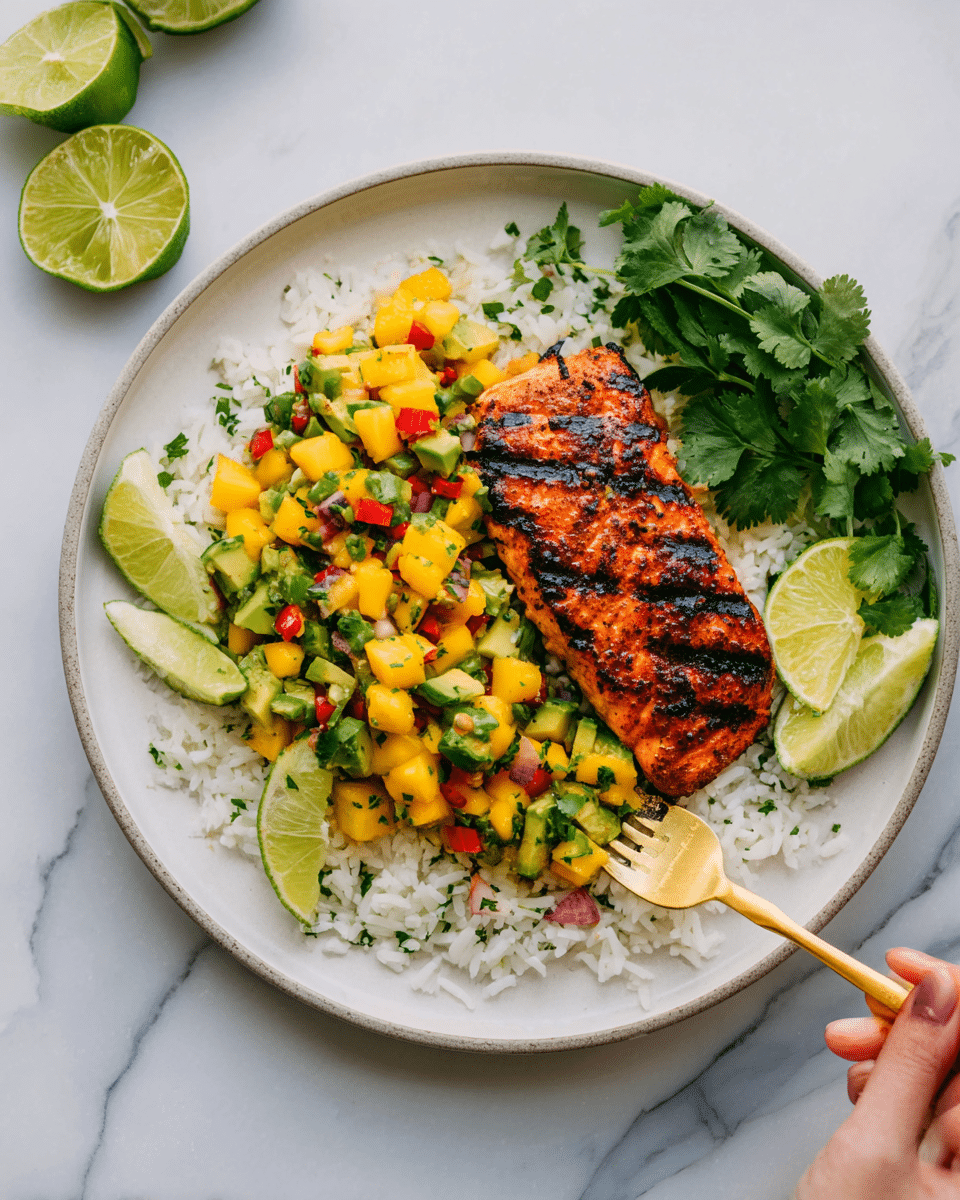 A white plate sits on a white marbled surface, filled with three main layers: a base layer of white rice mixed with finely chopped green herbs around the edges, a grilled salmon fillet with dark char marks placed slightly off-center, topped with a chunky mango and red pepper salsa featuring bright yellow, green, and red colors. Fresh green cilantro leaves sit beside the salmon, with three lime wedges arranged at the bottom right of the plate. A gold fork rests on the right side, partially under the salmon. In the background, whole limes, avocado halves, and fresh cilantro sprigs add color and interest. Photo taken with an iphone --ar 4:5 --v 7