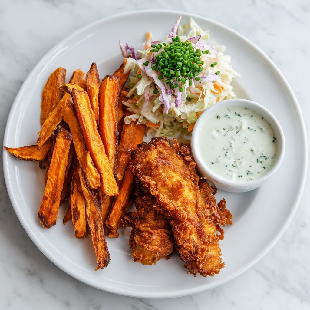 A white plate holds a crispy, golden-brown fried chicken piece centered in the front, showing a crunchy textured breading with darker brown spots from frying. Behind the chicken, there are bright orange sweet potato fries with a slightly charred look and rough edges piled to the left. To the right, a small mound of white coleslaw with thinly shredded cabbage is sprinkled with small green bits of herbs. A white bowl with a creamy white sauce that has small green specks sits near the coleslaw at the plate’s edge. The plate rests on a white marbled surface. Photo taken with an iphone --ar 4:5 --v 7