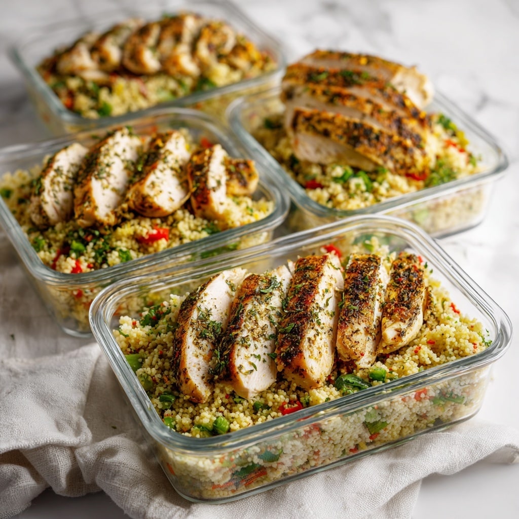Two clear rectangular glass containers sit on a crumpled beige cloth on a white marbled surface. Each container has a base layer of light yellow couscous mixed with chopped green herbs and bright pieces of red and yellow roasted peppers. On top of this is a layer of thickly sliced grilled chicken breast seasoned with black pepper and herbs, arranged to cover the couscous below. To the left, a grey speckled cutting board lies on the cloth with additional grilled chicken pieces, some sliced, showing tender white meat inside. Above it, a dark speckled pot is partly filled with the same couscous mixture, and a white spoon rests inside. Small herb bits are scattered around on the cloth and marble beneath. Photo taken with an iphone --ar 4:5 --v 7