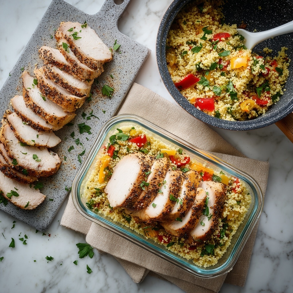 Four clear rectangular glass containers are filled with a base layer of fluffy light beige couscous mixed with bits of bright red, green, and yellow vegetables and herbs, showing small green leaves scattered throughout. On top of each couscous base lies a layer of thick, white grilled chicken breast slices, seasoned with dark green and black herbs, giving a speckled texture across the surface. The chicken pieces are neatly cut and arranged in a row, covering most of the couscous, and the containers sit on soft white fabric over a white marbled surface. Some herbs and couscous grains are scattered around the containers, adding a casual homemade feel. photo taken with an iphone --ar 4:5 --v 7