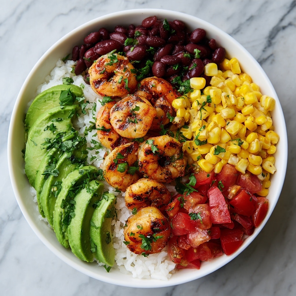 A white bowl contains a colorful shrimp bowl with several layers. At the bottom, there is a layer of white rice with green herb bits. On one side, there is a stack of grilled shrimp with light pink and orange tones, marked with black grill lines and sprinkled with green chopped herbs. Next to the shrimp, there are three slices of bright green avocado placed on top of the rice. Surrounding the shrimp and avocado are sections of diced red tomatoes, bright yellow corn kernels, and dark brown beans, each mixed with green herbs. A slice of light green lime is visible at the bottom right edge of the bowl, all set on a white marbled surface. Photo taken with an iphone --ar 4:5 --v 7