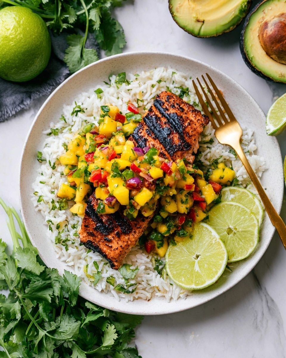 A white plate on a white marbled surface holds a meal with three main visible layers. The bottom layer is white rice mixed with small green herbs, spread evenly to cover the plate. On top, a grilled piece of salmon with dark grill marks and a slightly shiny, orange-brown surface sits slightly off-center on the rice. Next to the salmon is a bright, colorful mango salsa made of yellow mango pieces, green avocado chunks, red diced peppers, and finely chopped herbs, creating a textured mix. Fresh green cilantro leaves and several lime wedges are placed around the salmon and salsa for garnish. A gold fork rests beside the salmon on the plate. A woman's hand is partly visible holding the fork. photo taken with an iphone --ar 4:5 --v 7
