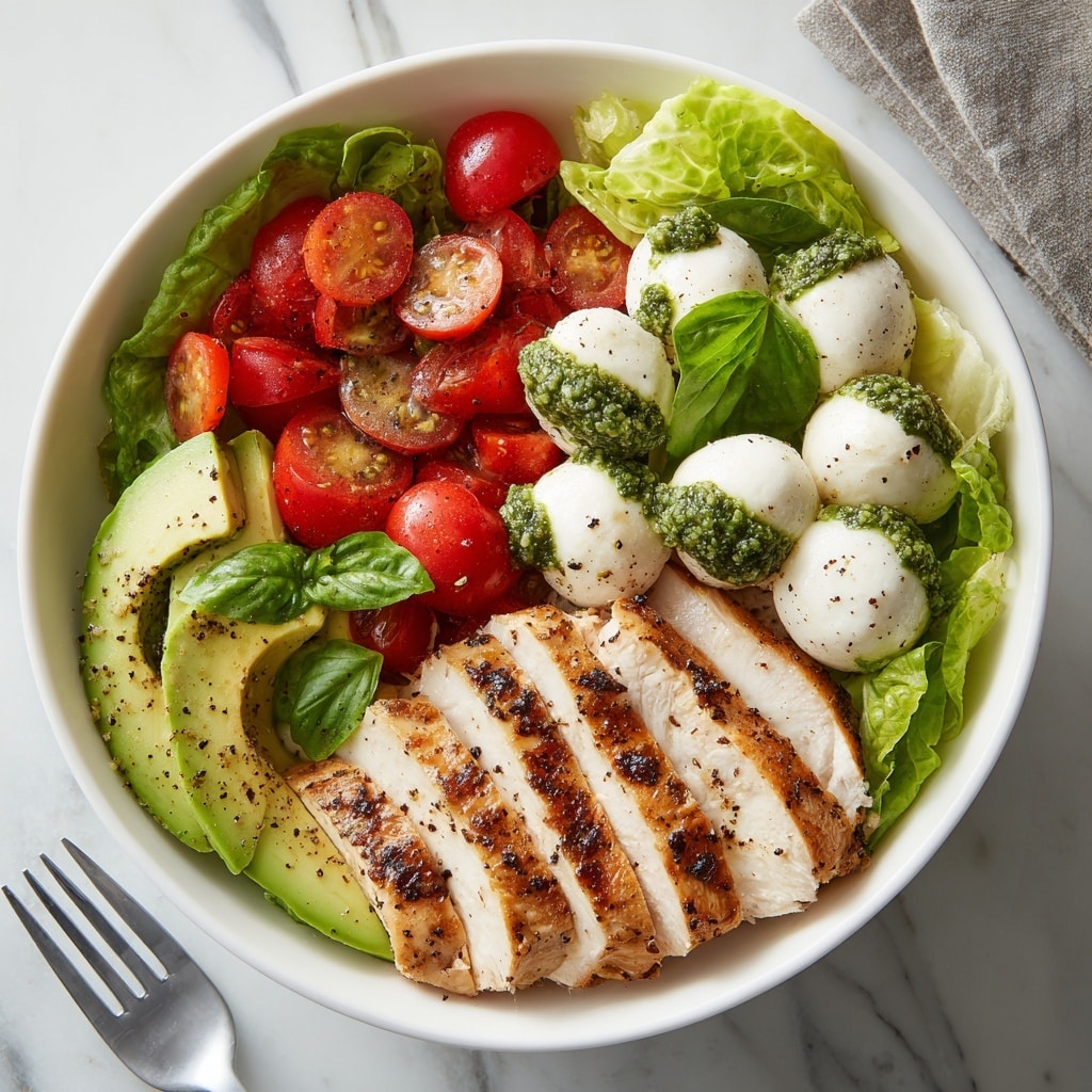 A white bowl is filled with a fresh salad arranged in four main sections: on the left, there are thin slices of grilled chicken with brown grill marks, layered neatly over green leafy lettuce. Next to the chicken, bright green leafy lettuce fills a small space, blending into the base of the bowl. The top section holds a mix of halved cherry tomatoes and white mozzarella balls coated with green pesto, garnished with three large fresh basil leaves. The bottom right section showcases two halves of a ripe avocado with a smooth green inside, sprinkled lightly with black pepper. The bowl sits on a white marbled surface with a vintage silver spoon nearby. Photo taken with an iphone --ar 4:5 --v 7